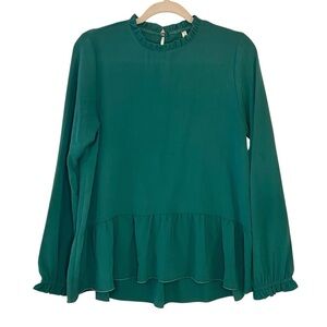 Green Ruffle Hem Long Sleeve Blouse – Size Large, Made in USA